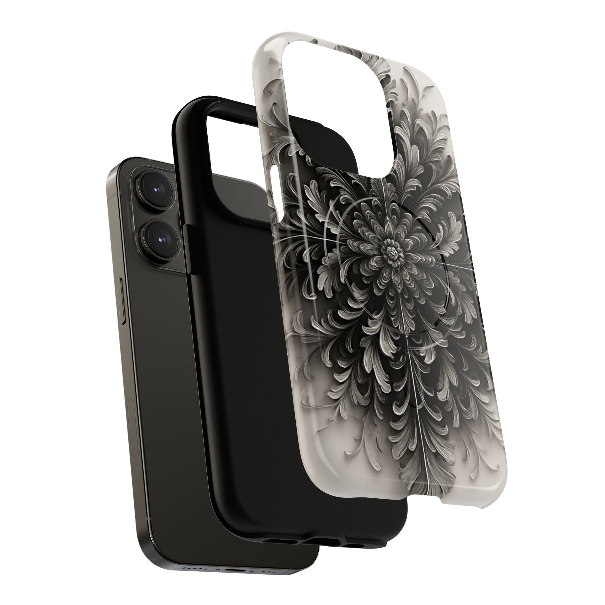 Obsidian Bloom - Elegant Black & White iPhone 14 Pro MagSafe Phone Case - Intricate Mandala Flower Design