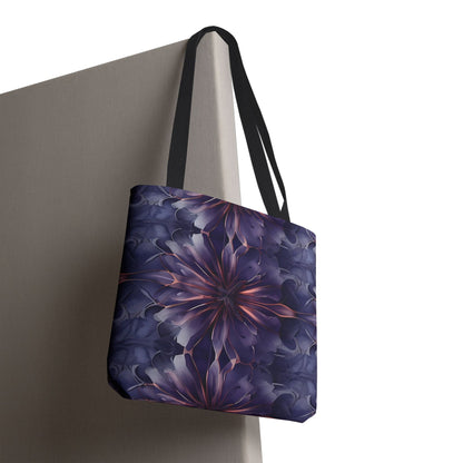 Twilight Tapestry canvas tote bag hanging with detailed purple tapestry pattern design