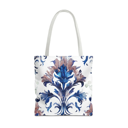 Delft Reverie Tote Bag (16x16 & 18x18)- Dreamy Blue Botanical Scroll on White Canvas, Reusable & Eco-Friendly