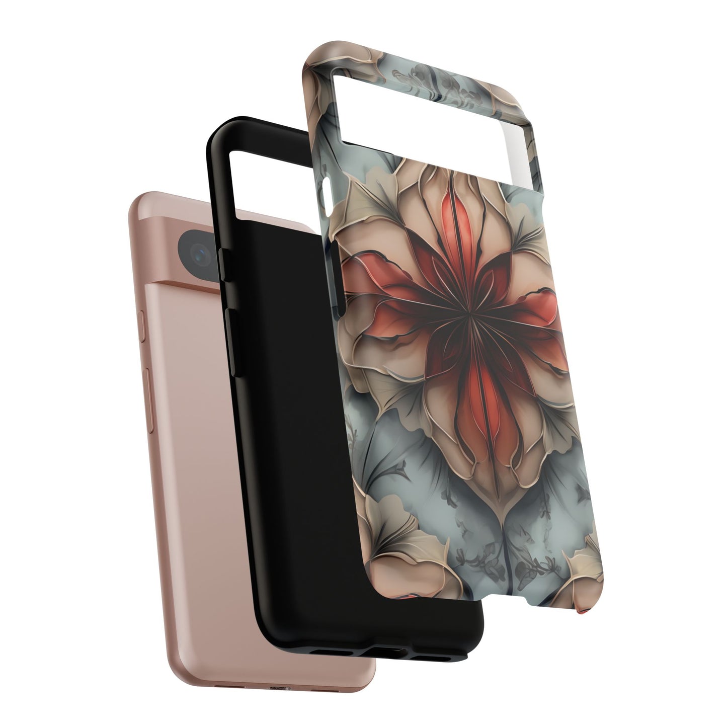 Ember Bloom - Kaleidoscope Collection Artistic Floral - Google Pixel Tough Phone Case - Fiery Symmetrical Design