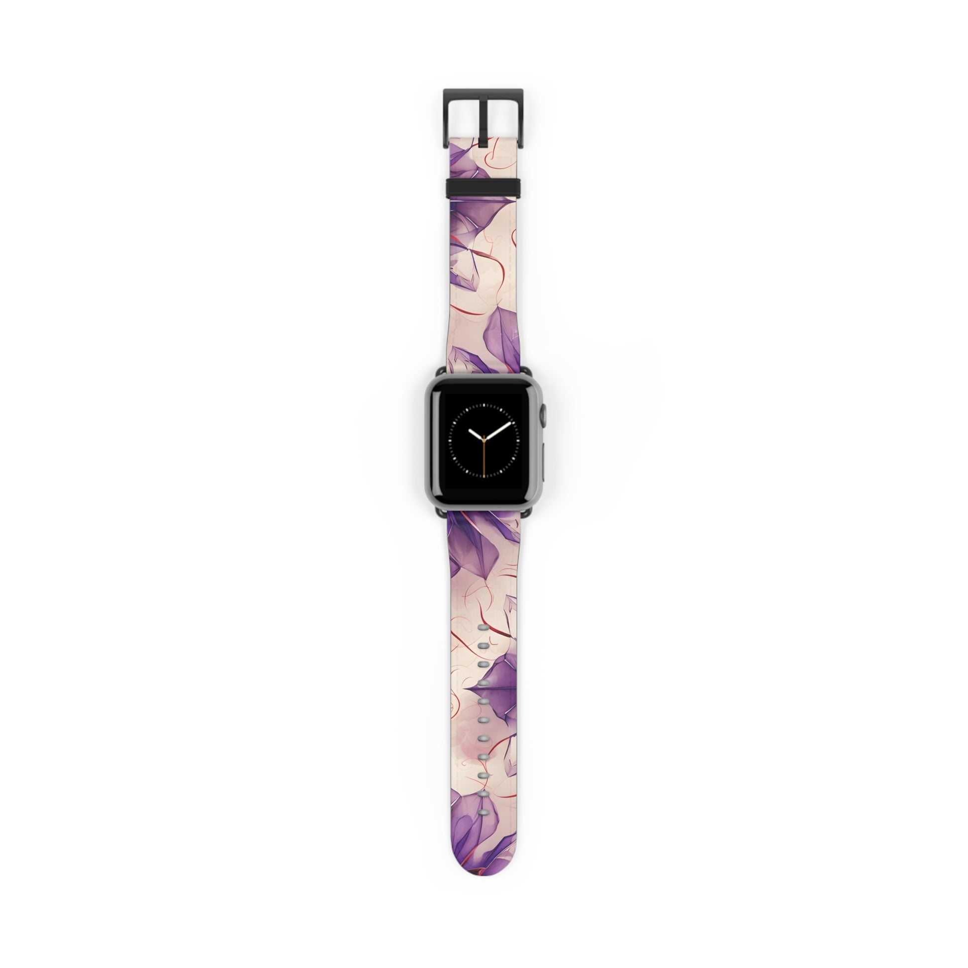 Violet Reverie Apple Watch band with watch face featuring soft purple floral artwork with violet and lavender botanical elements