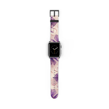 Violet Reverie Apple Watch band with watch face featuring soft purple floral artwork with violet and lavender botanical elements