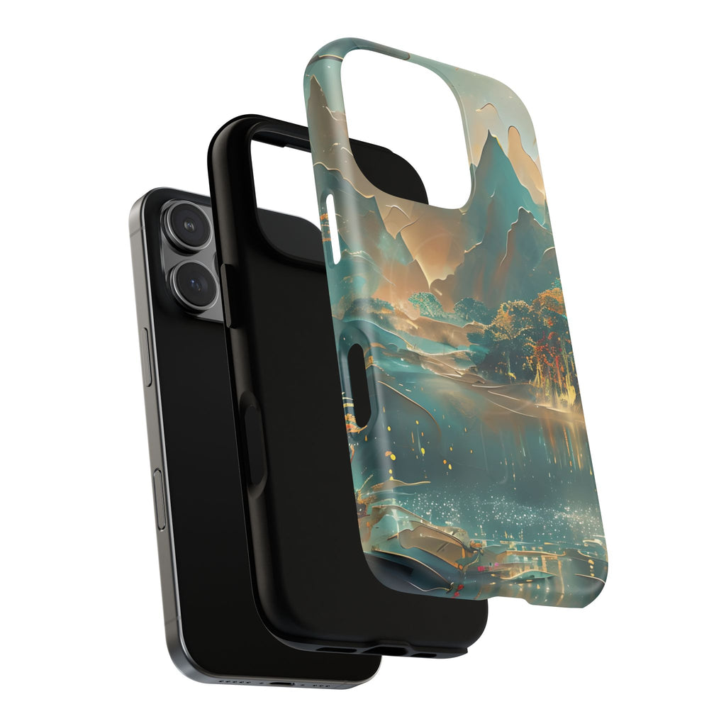 Misty Horizon - Serene Landscape Art iPhone 16 Pro MagSafe Phone Case - Tranquil Mountain & Lake Design