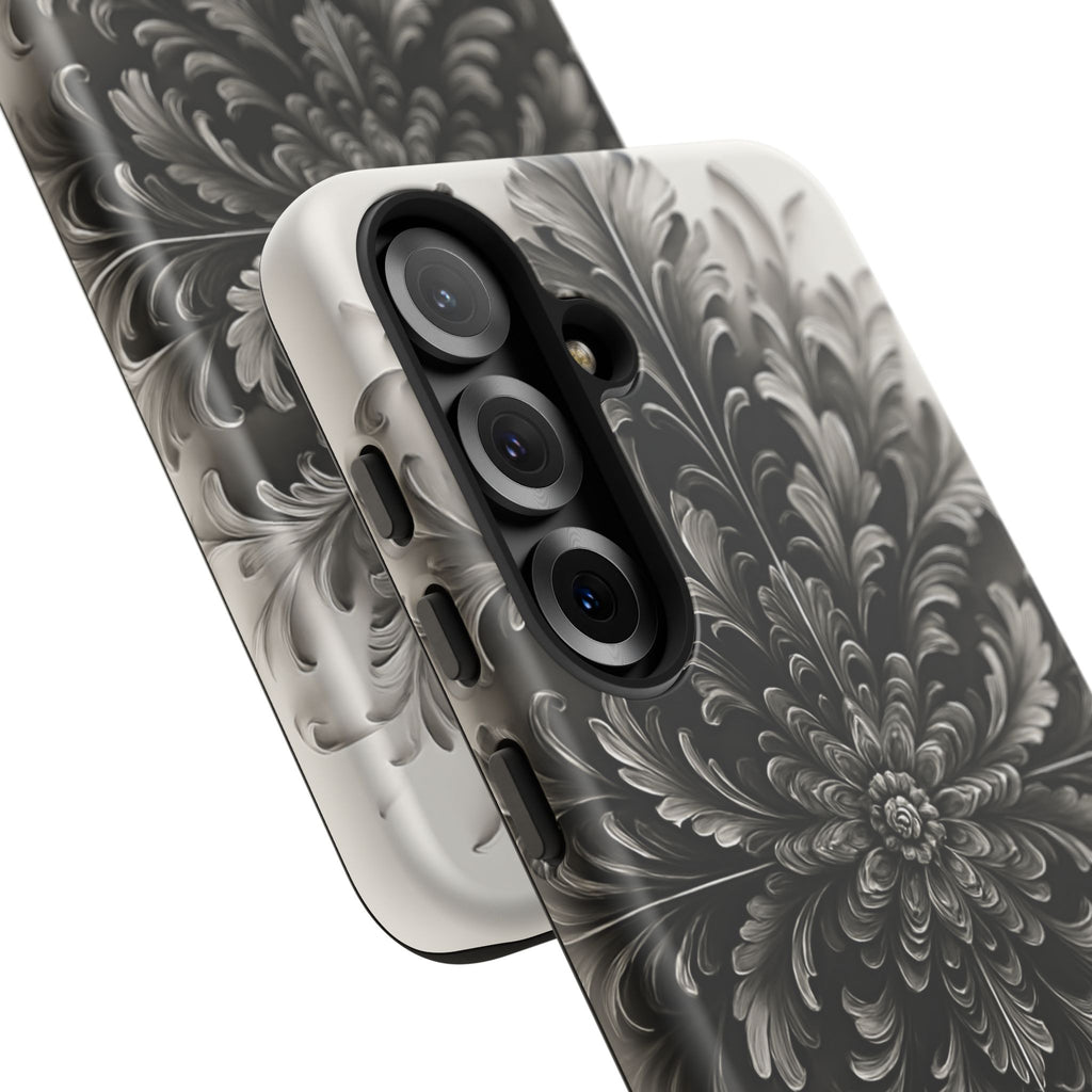 Obsidian Bloom - Elegant Black & White Samsung Galaxy S25 Plus Tough Phone Case - Intricate Mandala Flower Design