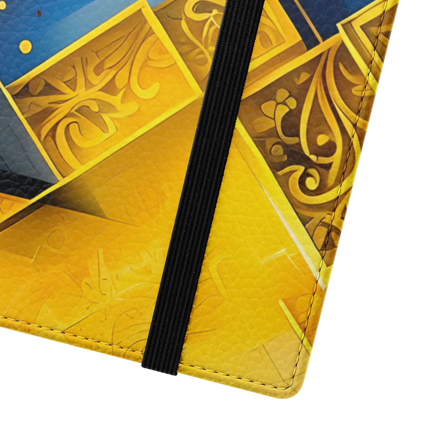 Close-up of Golden Ascent Samsung Galaxy wallet flip phone case with gold geometric detailing on blue background