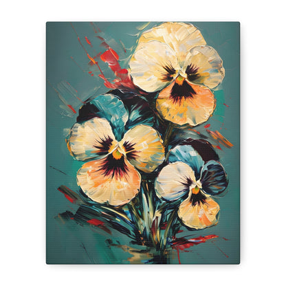 Golden Pansy Cascade - Romantic Floral Design on Teal Background - Vertical Wall Art