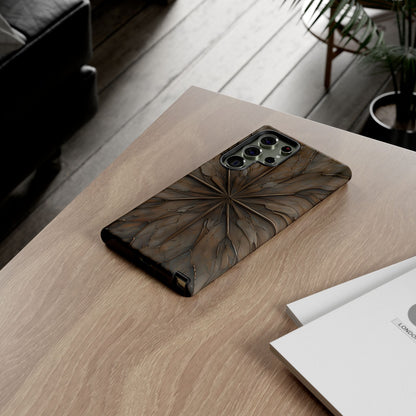 Earthstone Mandala Samsung Galaxy mandala phone case on wooden desk beside laptop and notebook, boho lifestyle flat lay