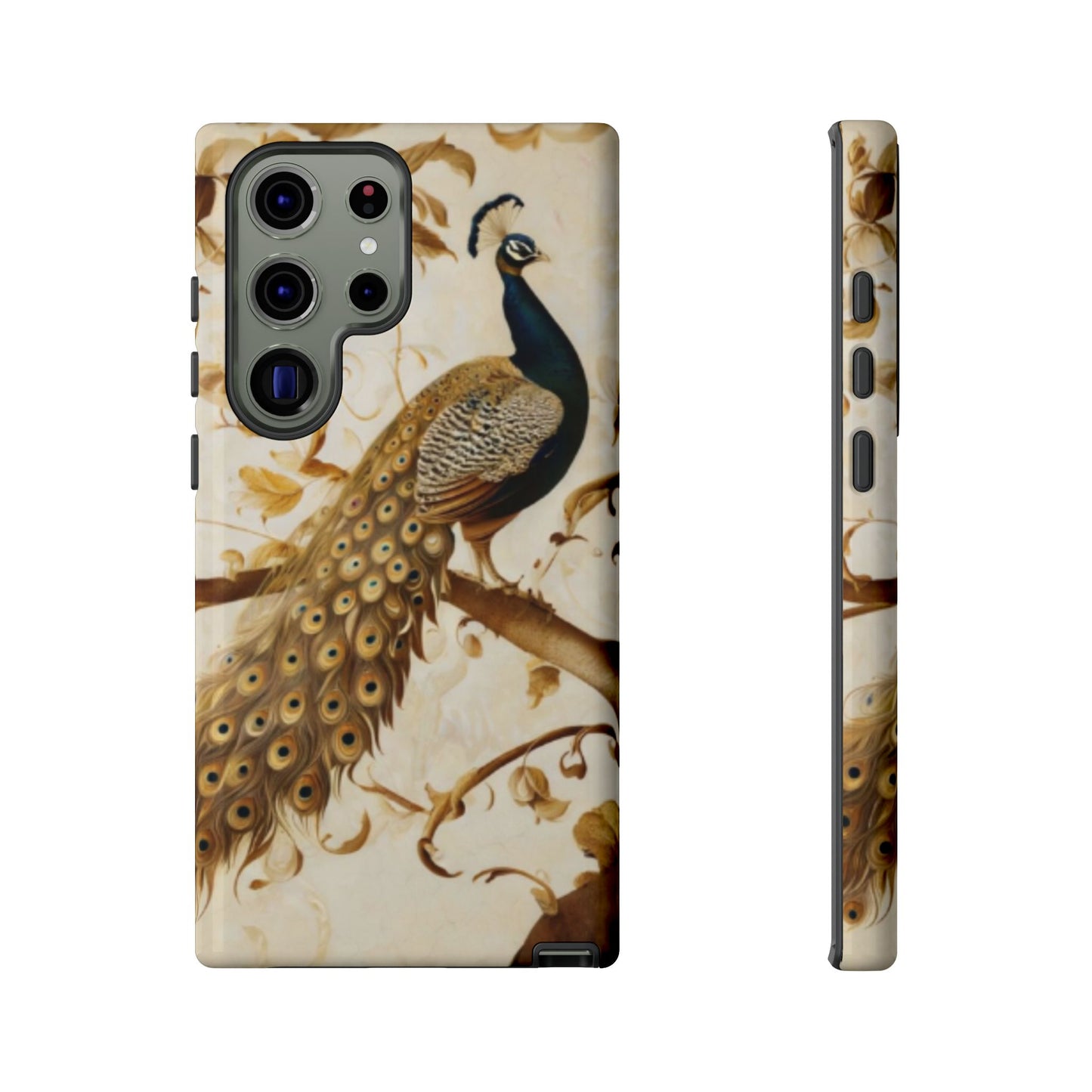 Golden Plumage Samsung Galaxy tough case with elegant peacock illustration and flowing gold feathers on cream background, back and side view