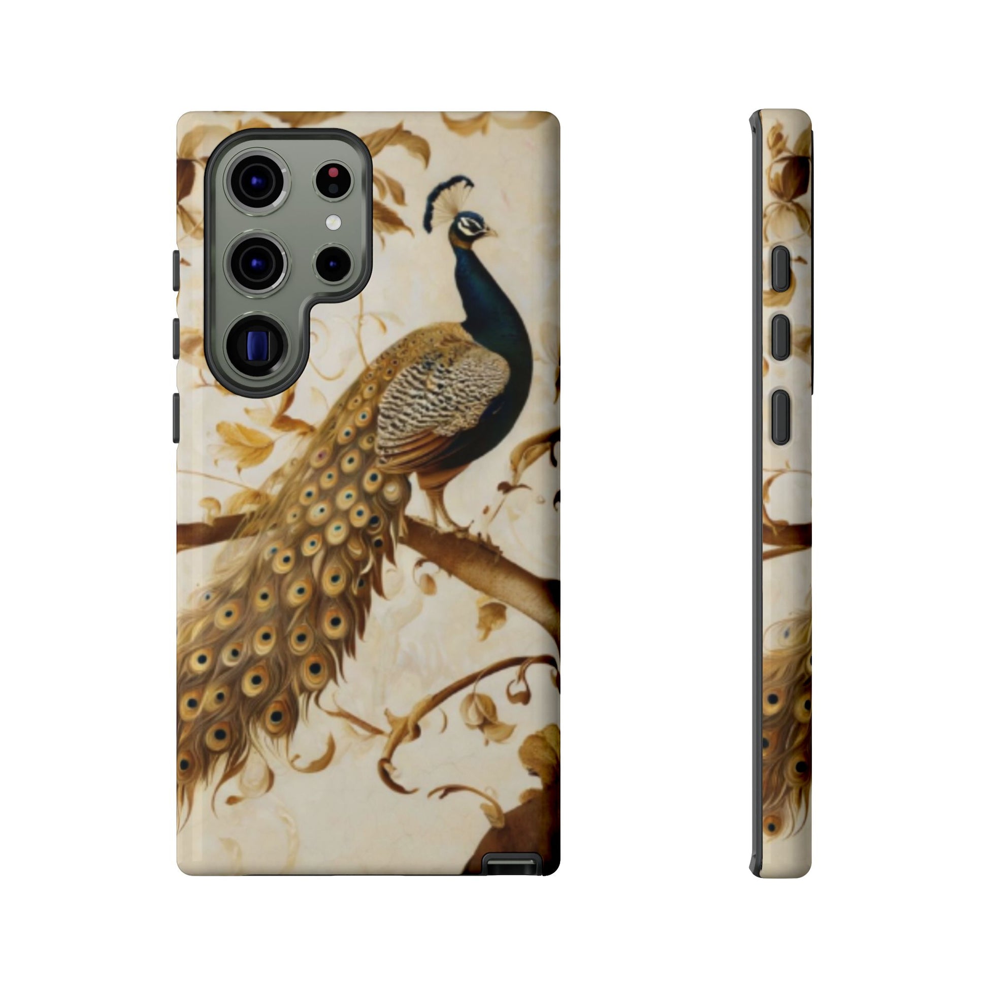 Golden Plumage Samsung Galaxy tough case with elegant peacock illustration and flowing gold feathers on cream background, back and side view