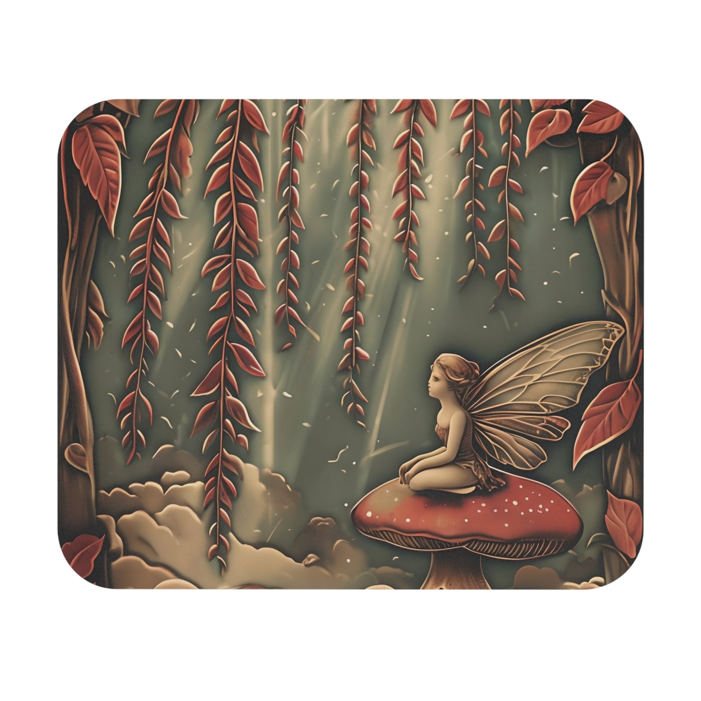 Willow Whisper mouse pad featuring woodland botanical illustration in earthy tones
