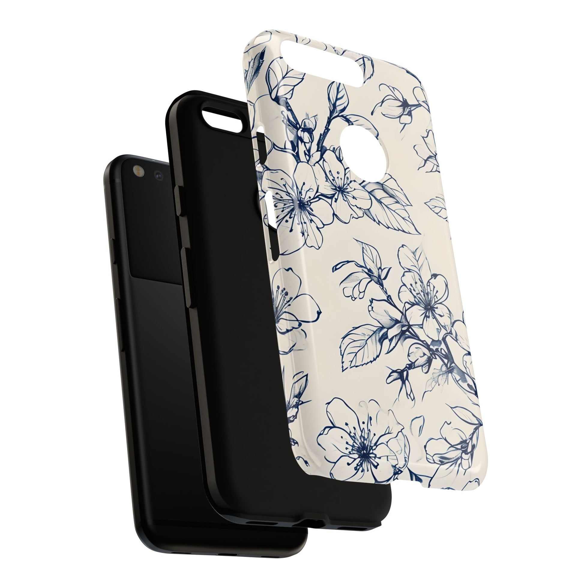 Blossom Sketch - Artistic Blue Floral Google Pixel - Tough Phone Case - Hand-Drawn Botanical Design