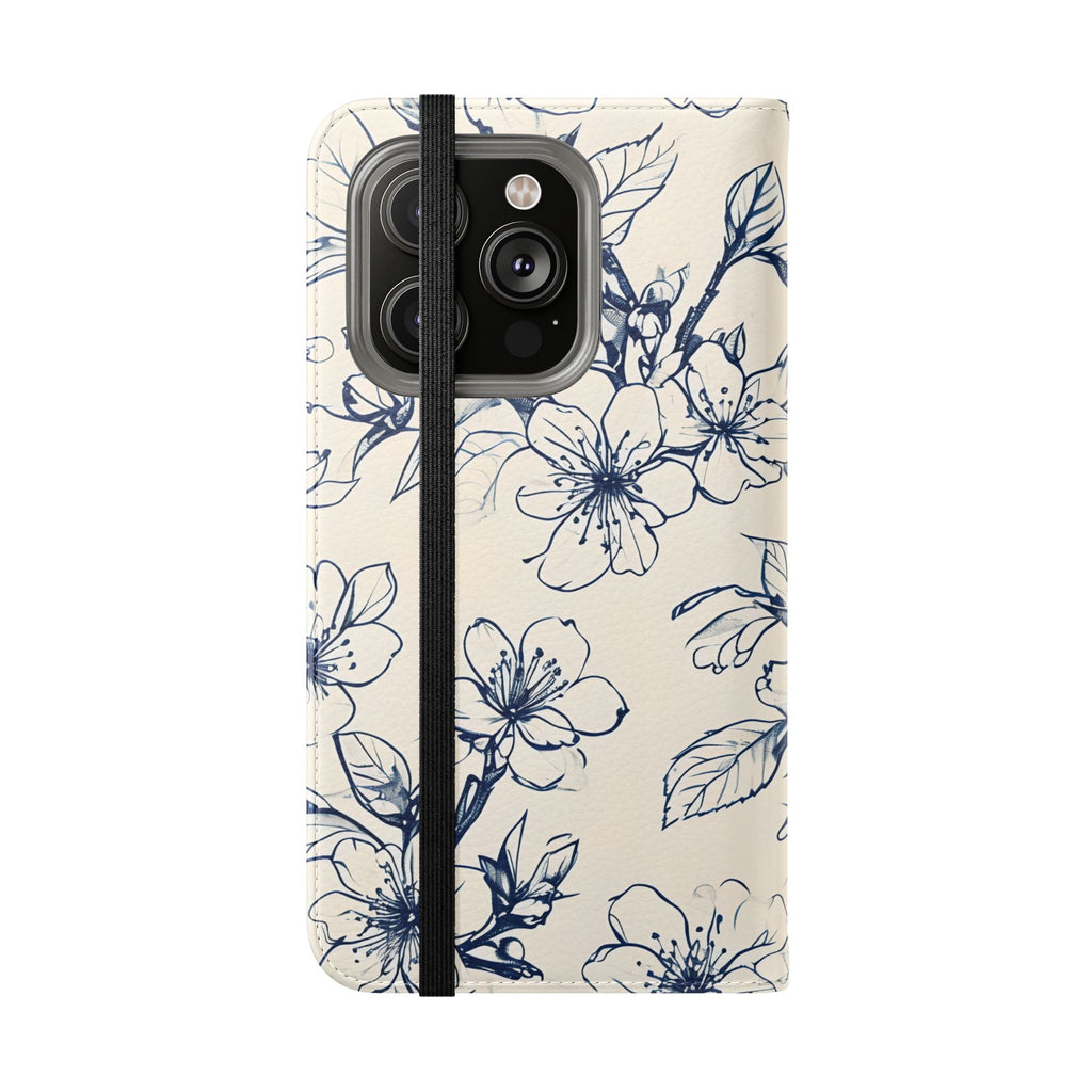 Blossom Sketch - Minimalist Floral Flip Phone Case for iPhone 14 Pro