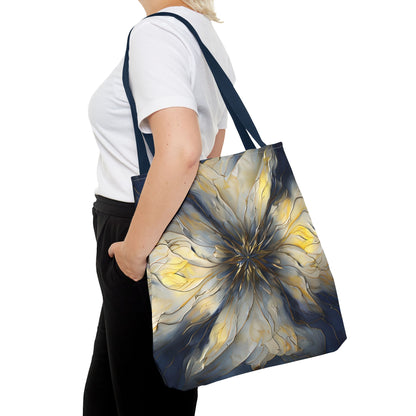 Luminous Petal Tote Bag (16x16 & 18x18)- Radiant Bloom in Gold and Indigo on Deep Navy Canvas, Reusable & Eco-Friendly