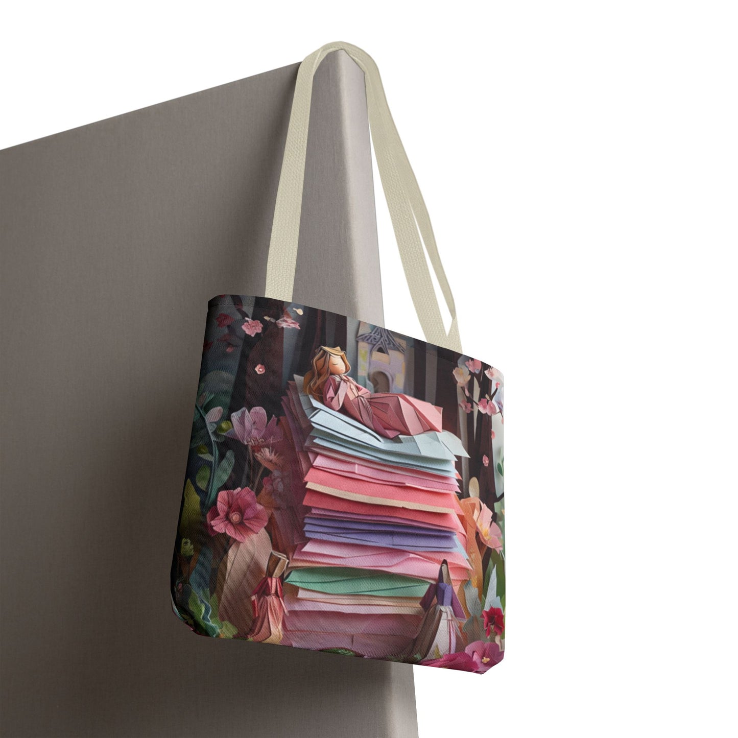 A Good Night's Sleep canvas tote bag hanging with colorful layered fabric-inspired design