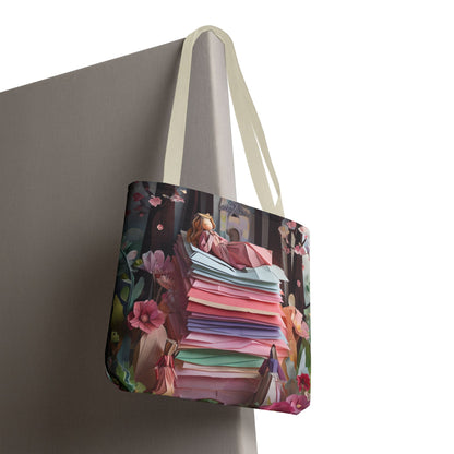 A Good Night's Sleep canvas tote bag hanging with colorful layered fabric-inspired design