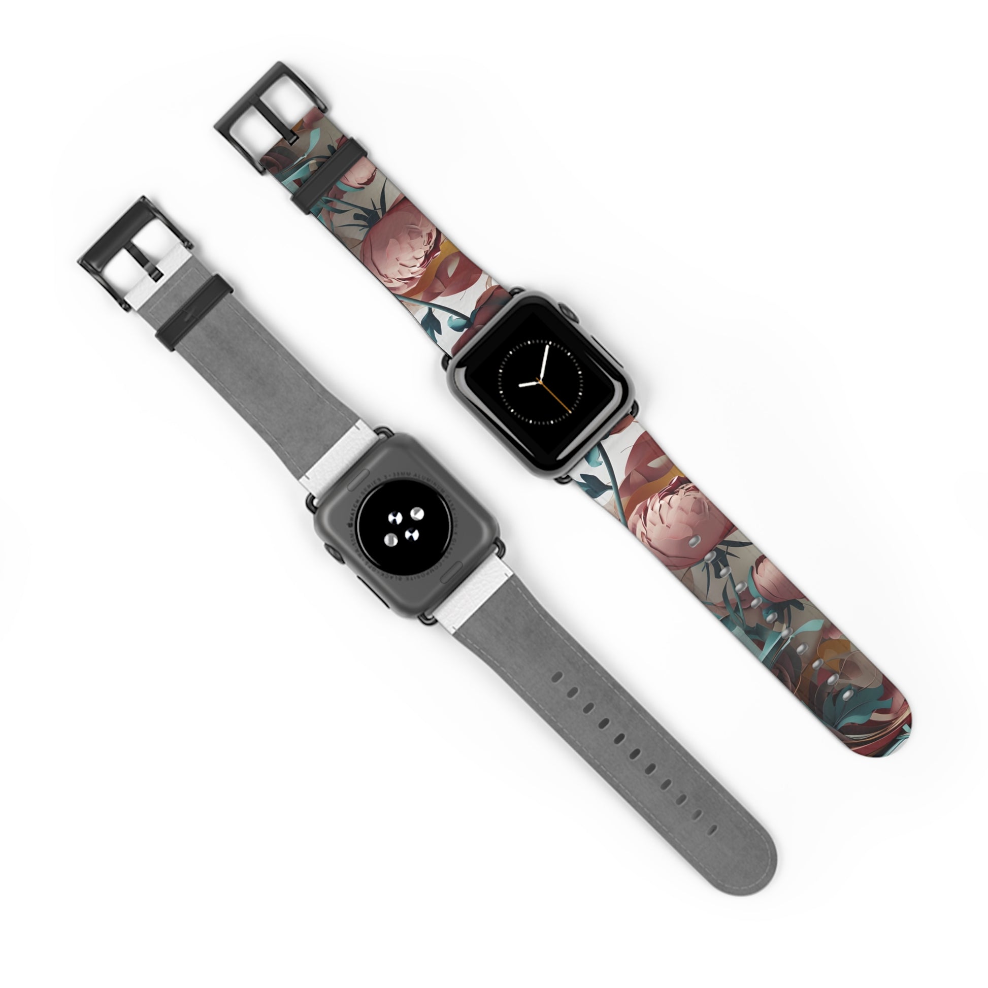 Blushing Peony Veil Apple Watch bands shown on two watches front and back highlighting pink peony floral artwork
