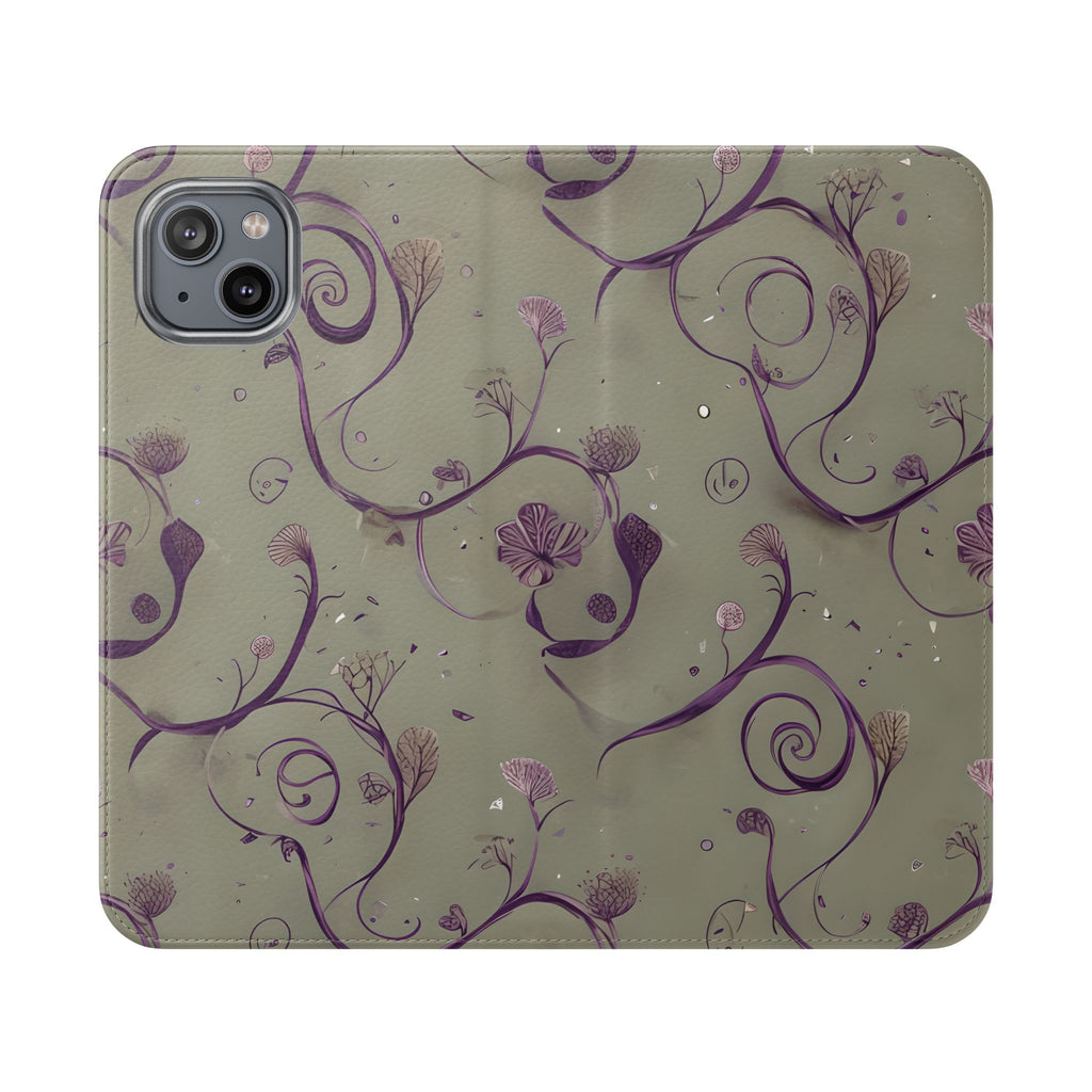 Twilight Thistle Bloom Wallet Phone Case - Elegant Purple Floral Vine Flip Cover for iPhone 14 Plus