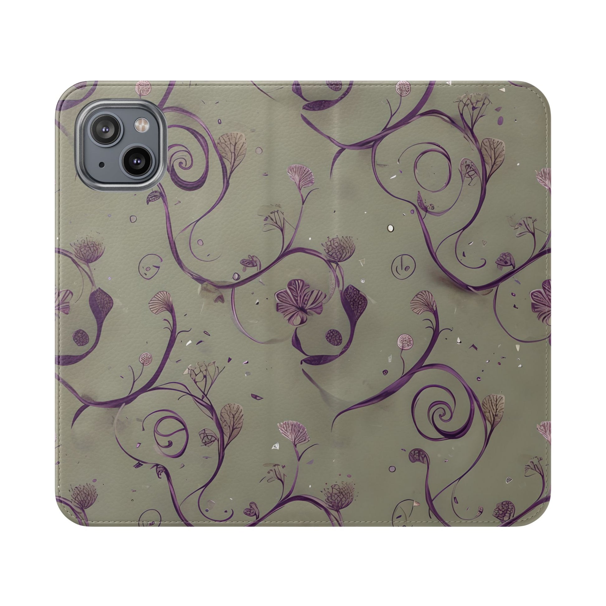 Twilight Thistle Bloom Wallet Phone Case - Elegant Purple Floral Vine Flip Cover for iPhone 14 Plus