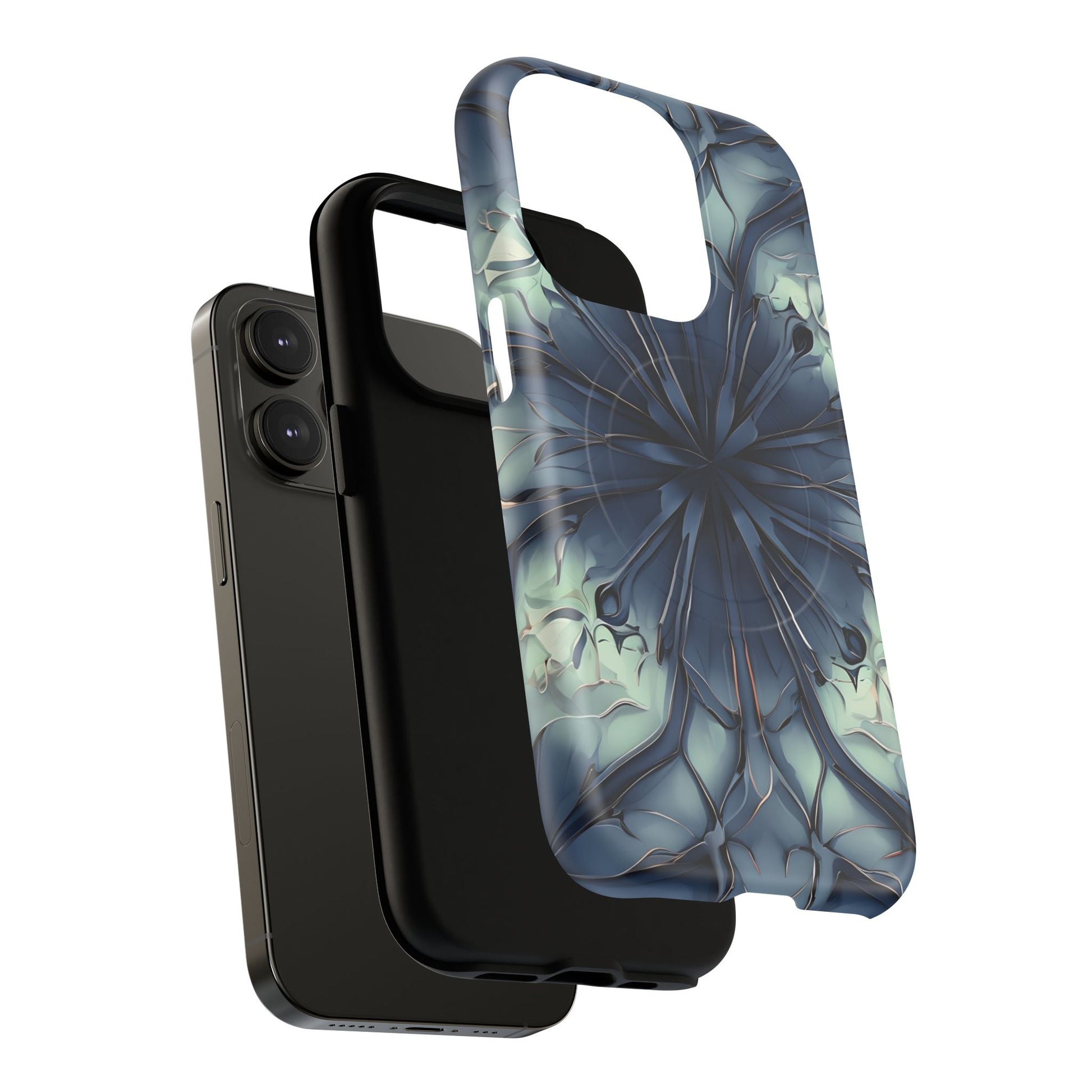 Indigo Mosaic - Artistic Kaleidoscope Collection Artistic Floral - iPhone 14 Pro MagSafe Phone Case -Bold Blue Symmetrical Design