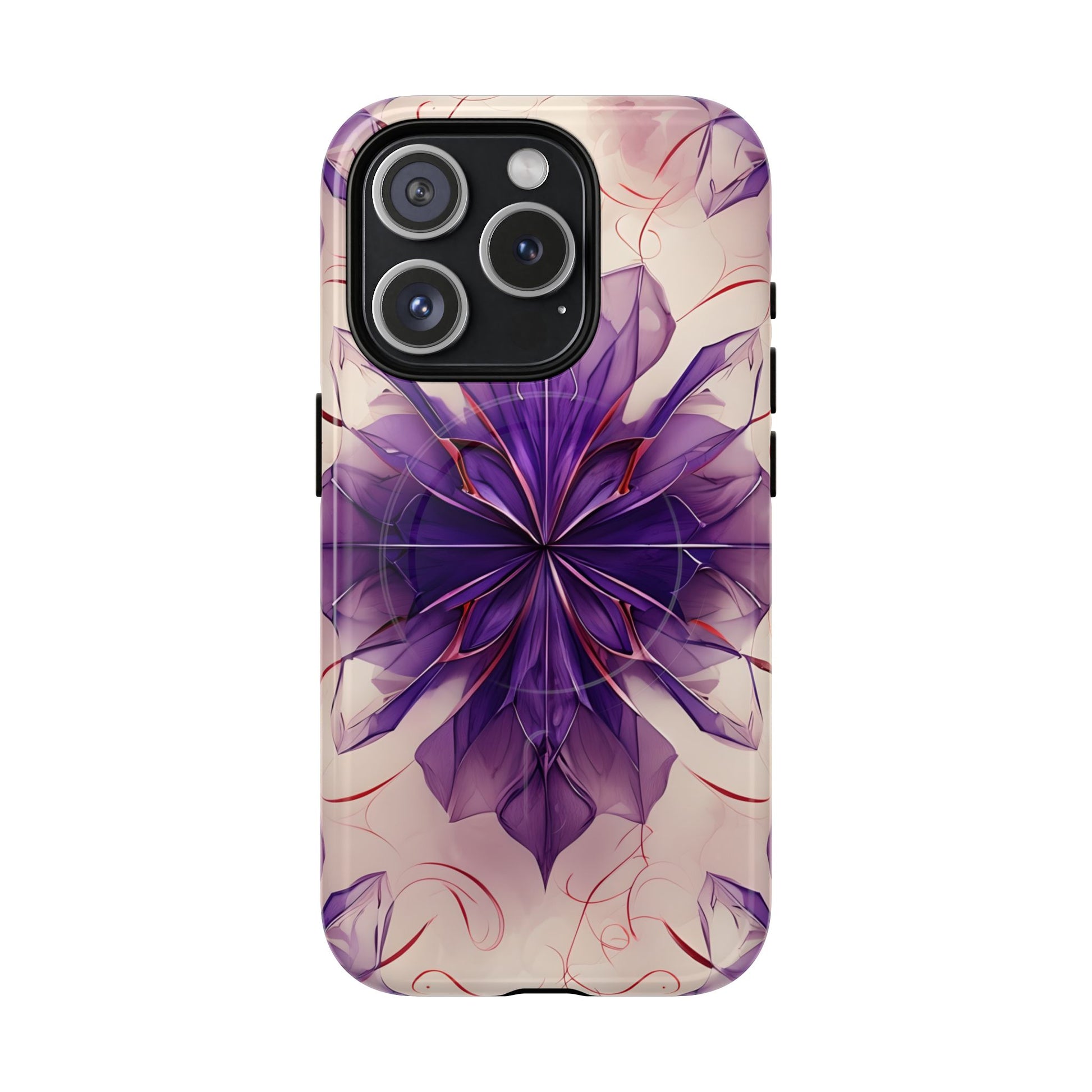 Violet Reverie - Kaleidoscope Collection Artistic Floral Burst - iPhone 15 Pro MagSafe Phone Case - Bold Purple Symmetrical Design