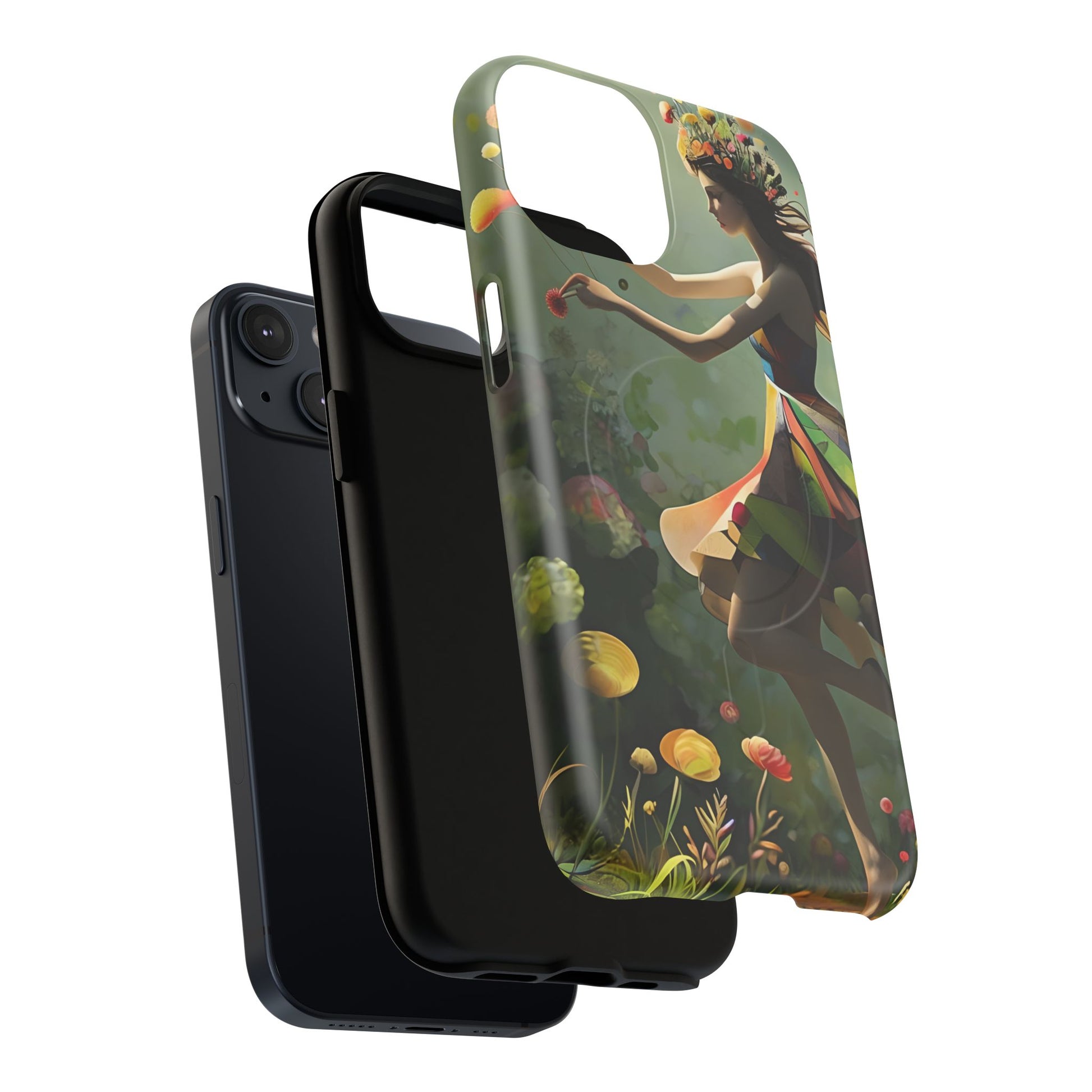 Dancing Wildflower Muse iPhone 14- Artistic Floral Fantasy Cover - MagSafe Compatible - Whimsical Nature-Inspired Protective Accessory
