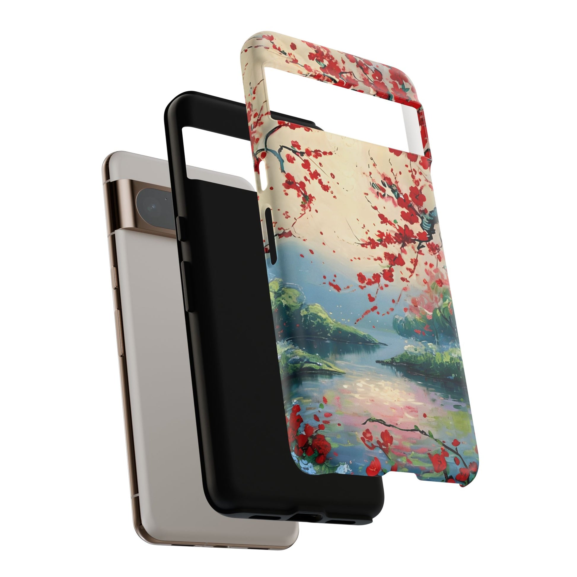 Crimson Blossom Lake - Artistic Floral Landscape Google Pixel 8 Pro Tough Phone Case - Red Cherry Blossoms & Serene Lake Design