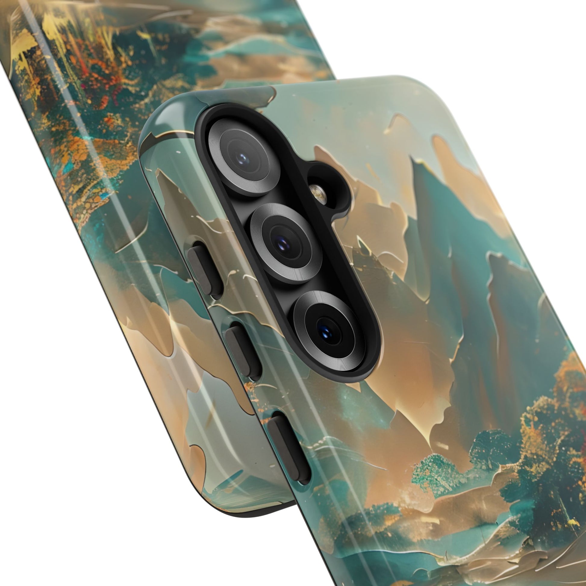 Misty Horizon - Serene Landscape Art Samsung Galaxy S25 Tough Phone Case - Tranquil Mountain & Lake Design