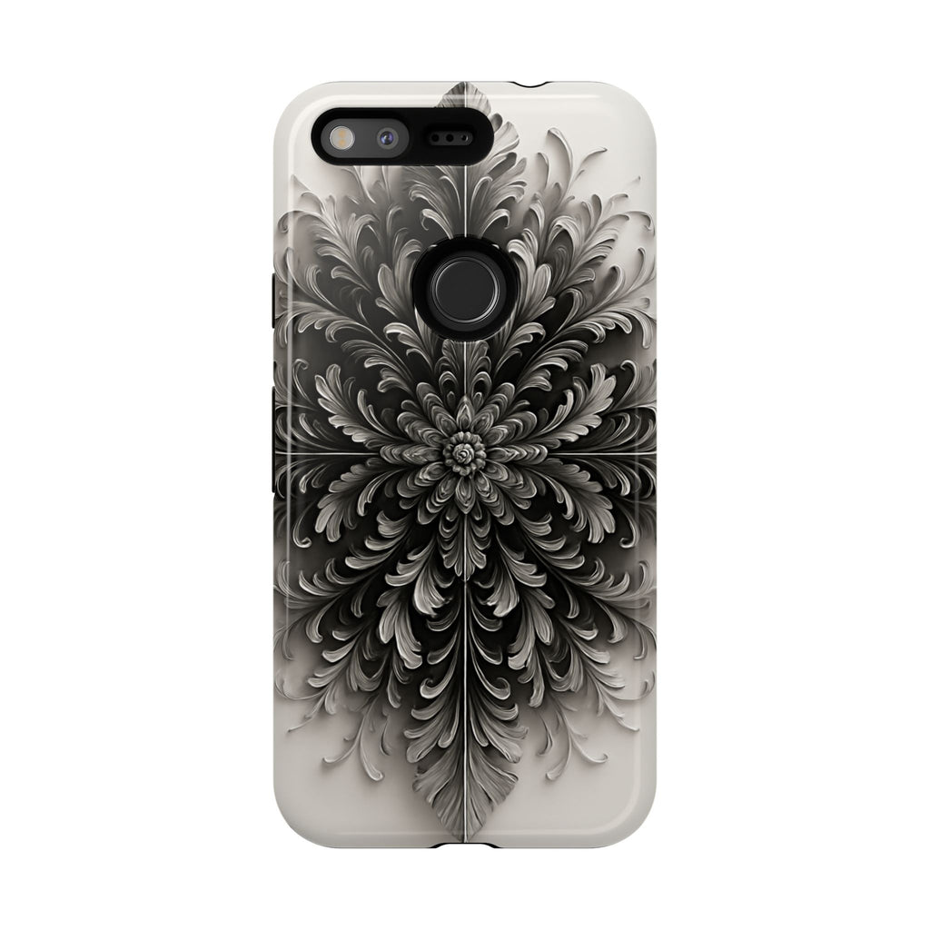 Obsidian Bloom - Elegant Black & White Google Pixel Tough Phone Case - Intricate Mandala Flower Design