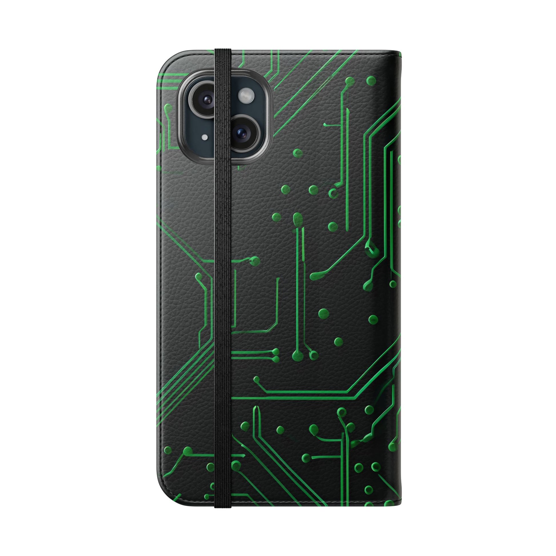 Green Circuit Grid Wallet Phone Case - Green & Black Computer Circuit Design - Flip Cover for iPhone 15 Plus