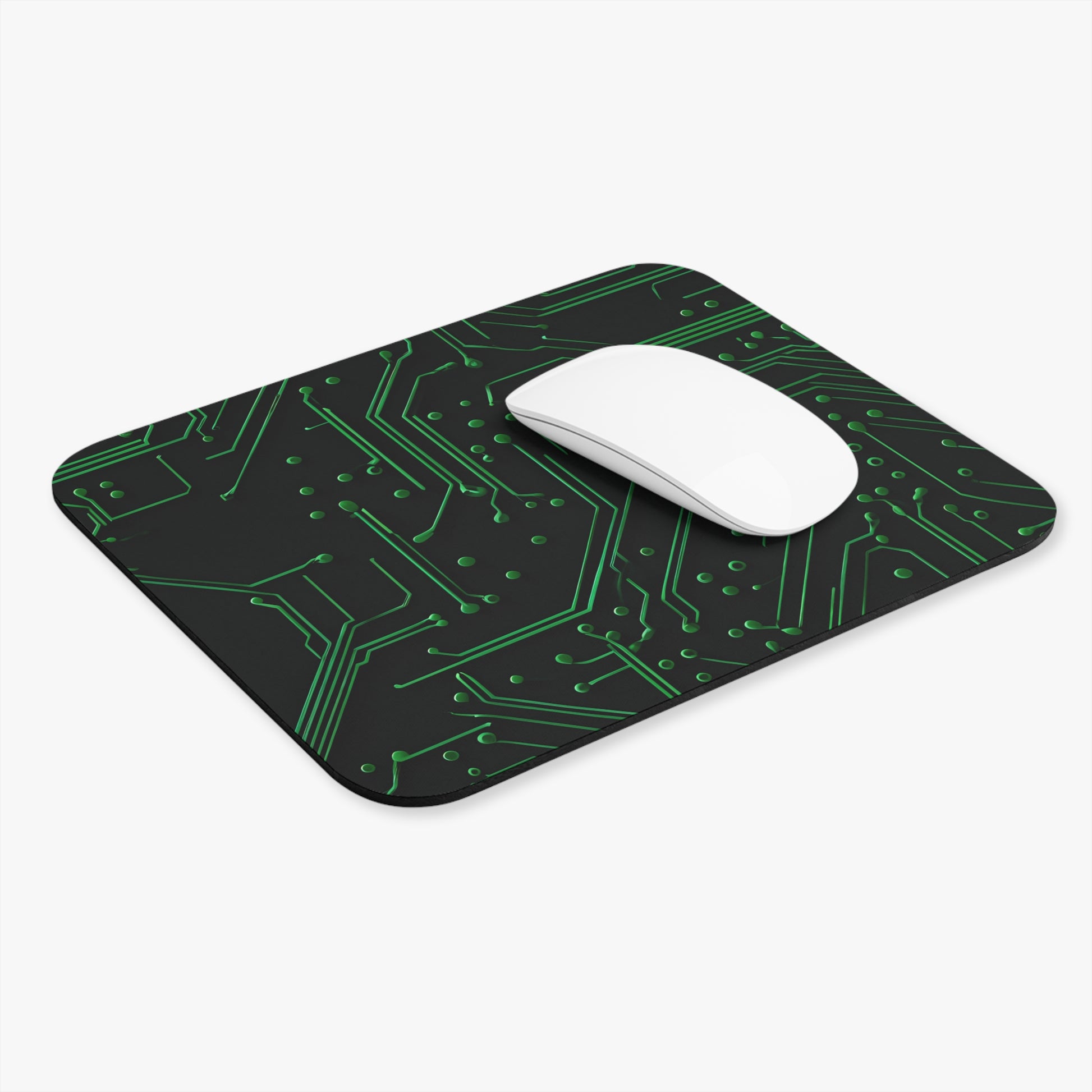 Green Circuit Grid mouse pad in workspace with mouse showing digital circuit design