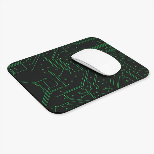 Green Circuit Grid mouse pad in workspace with mouse showing digital circuit design