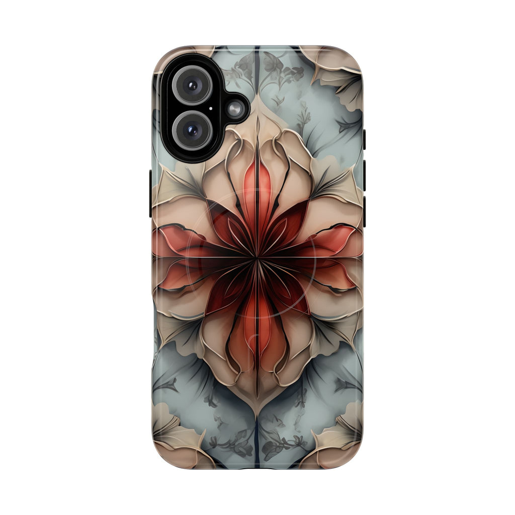 Ember Bloom - Kaleidoscope Collection Artistic Floral iPhone 16 Plus MagSafe Phone Case - Fiery Symmetrical Design