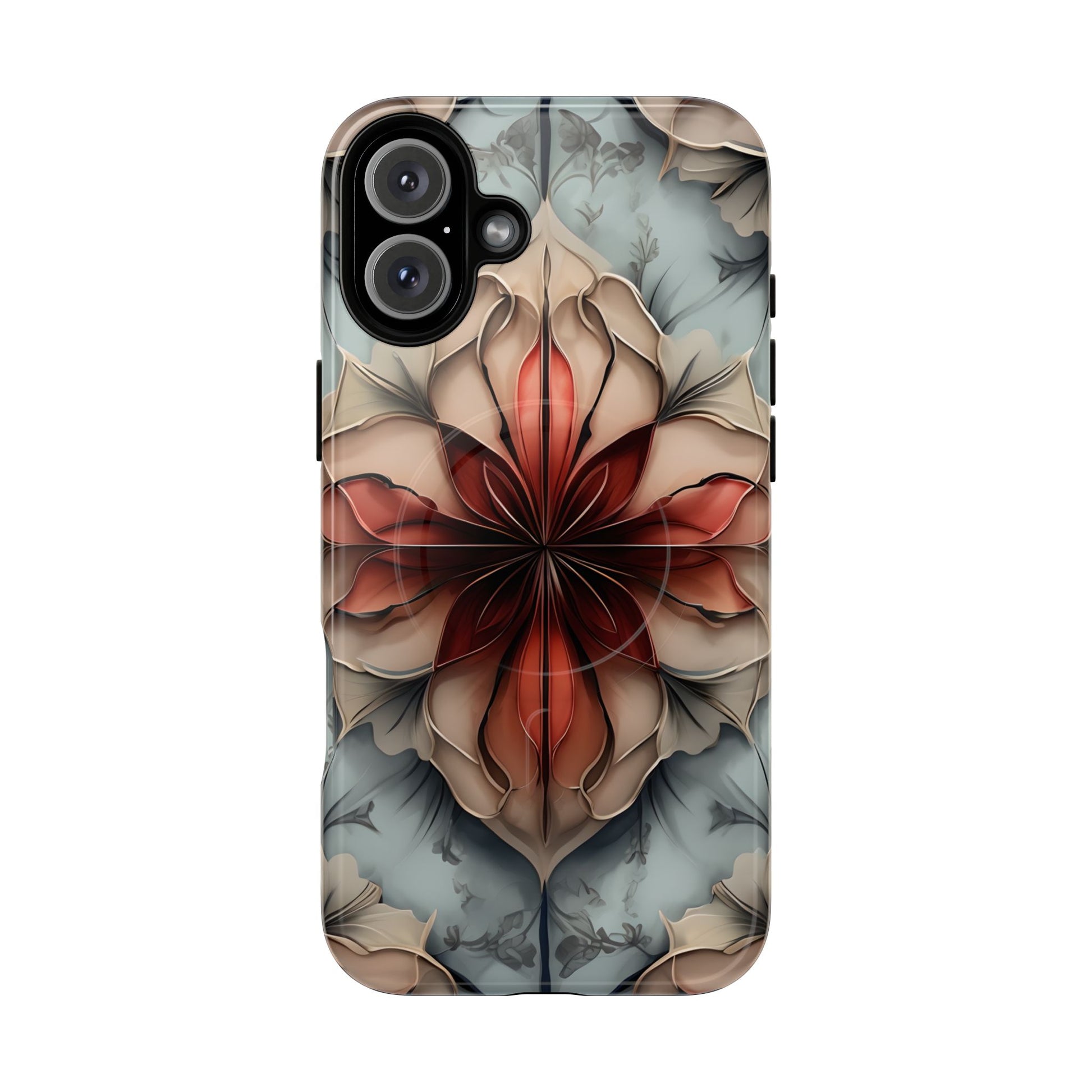 Ember Bloom - Kaleidoscope Collection Artistic Floral iPhone 16 Plus MagSafe Phone Case - Fiery Symmetrical Design