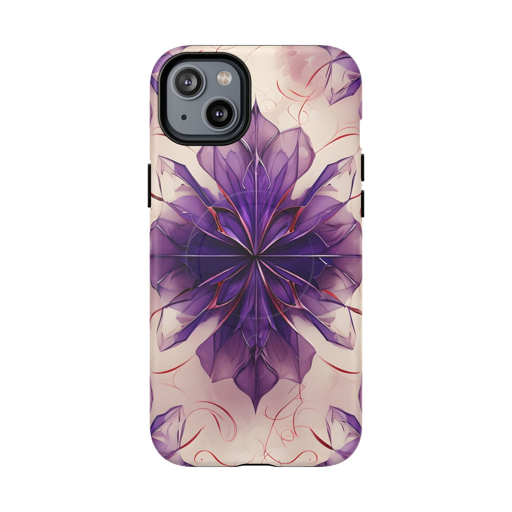 Violet Reverie - Kaleidoscope Collection Artistic Floral Burst - iPhone 14 Plus MagSafe Phone Case - Bold Purple Symmetrical Design