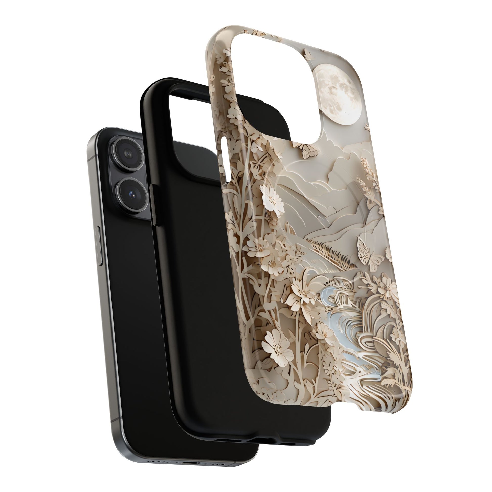Moonlit Garden - Elegant Neutral Floral iPhone 15 Pro MagSafe Phone Case - Painterly Botanical & Moon Design