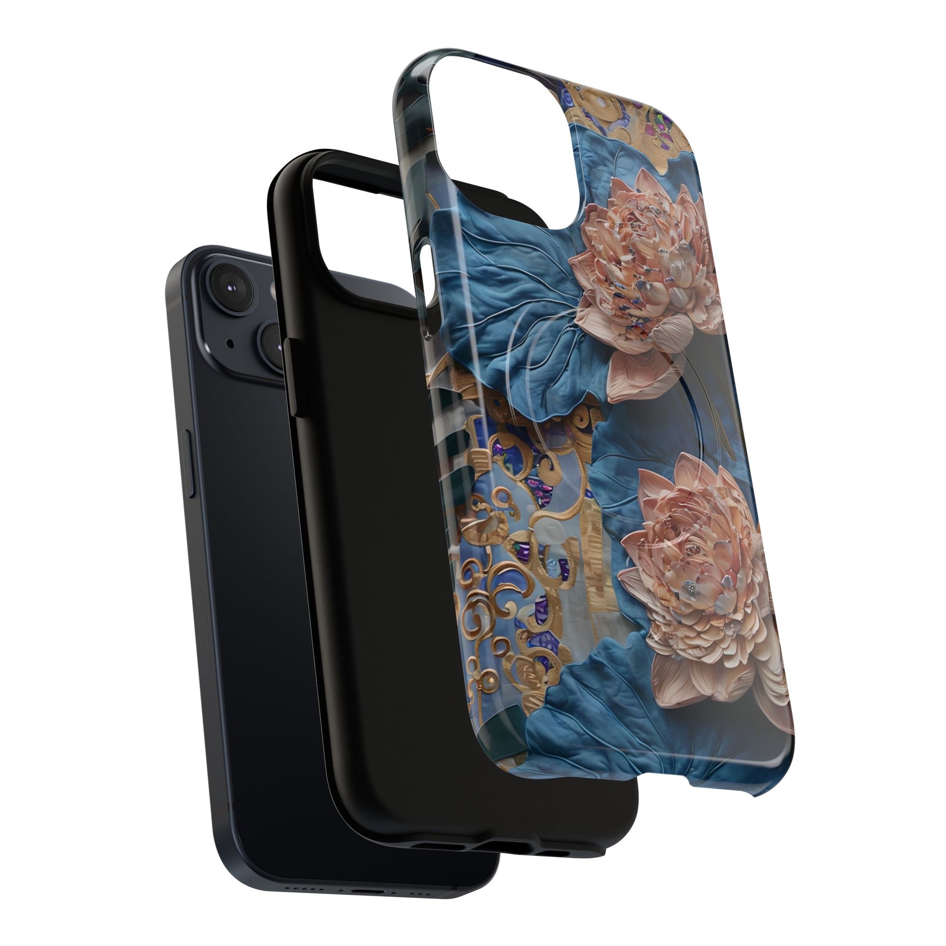 Peony Midnight Tapestry - iPhone 14 - MagSafe Compatible - Elegant Blue & Blush Artful Phone Cover