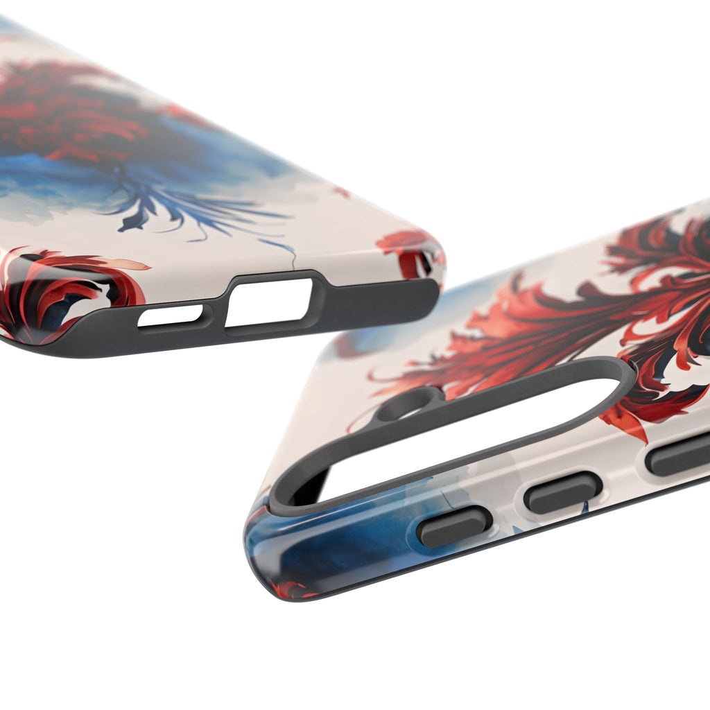Crimson Plume - Bold Artistic Feather Samsung Galaxy S25 Tough Phone Case - Dramatic Red & Blue Design