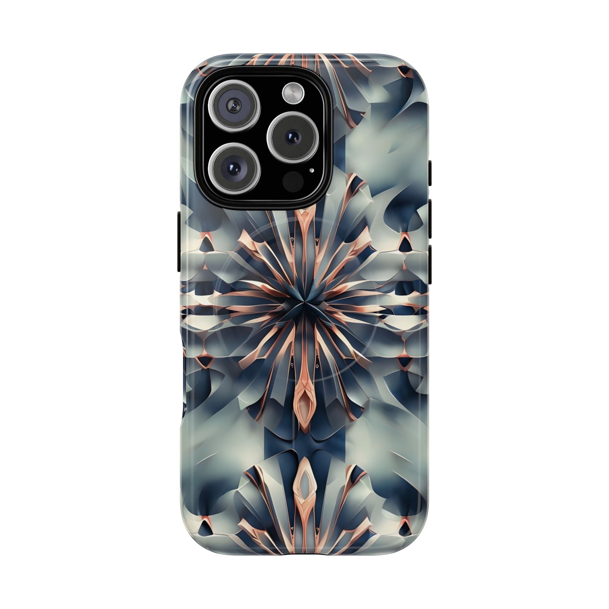 Obsidian Kaleidoscope Artistic Floral Burst - iPhone 16 Pro MagSafe Phone Case -Blue, Peach and Silver Symmetrical Design
