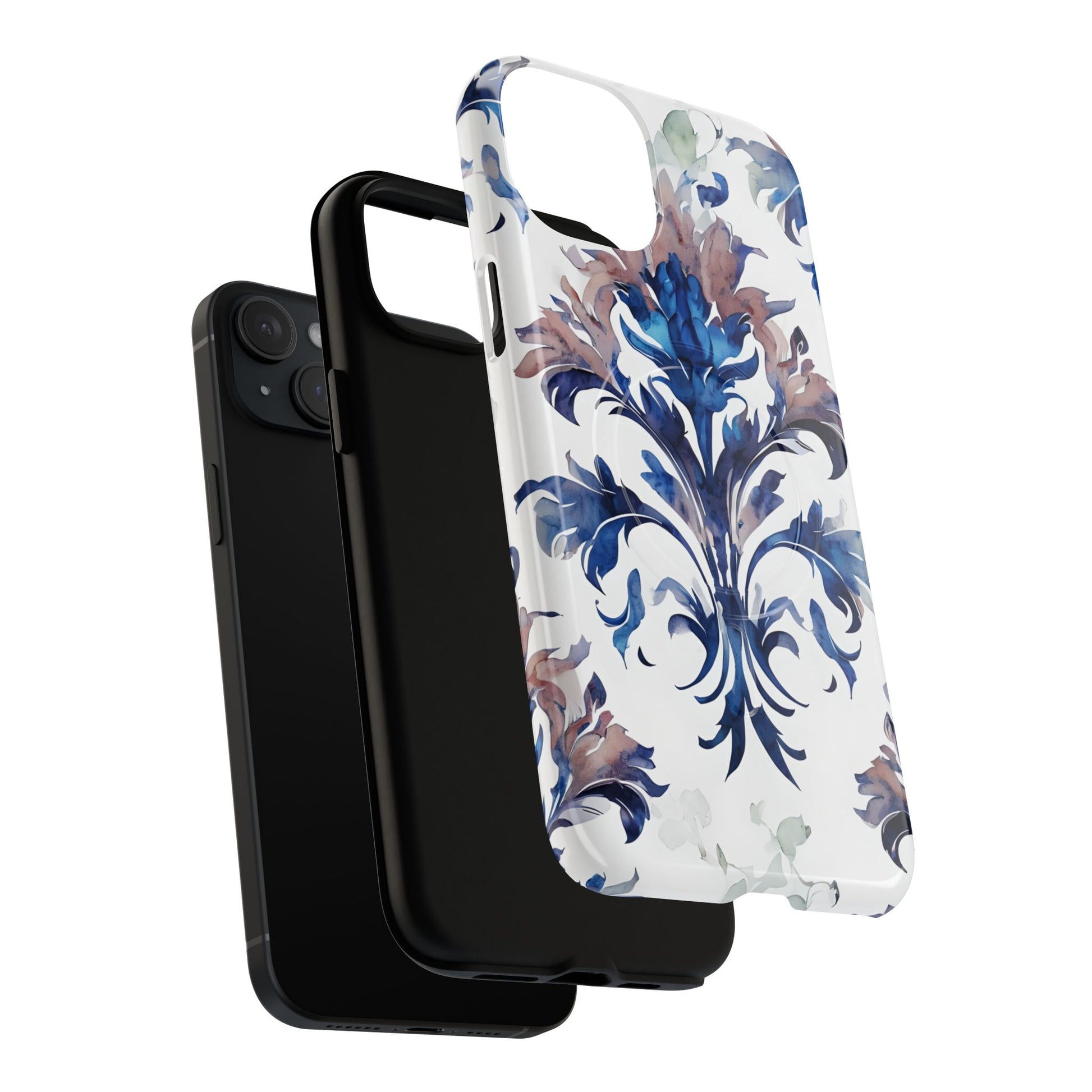 Delft Reverie - Elegant Blue & White iPhone 15 Plus MagSafe Phone Case - Dutch Delftware-Inspired Floral Design
