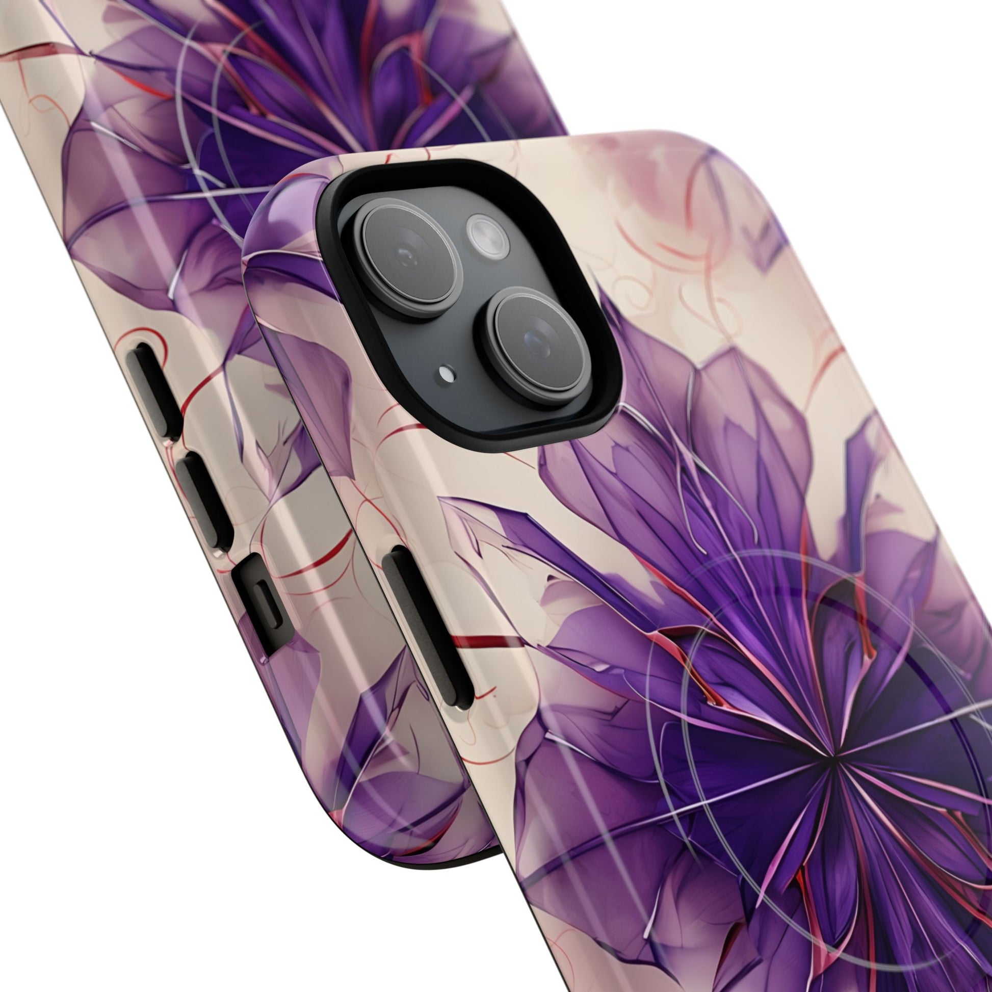 Violet Reverie - Kaleidoscope Collection Artistic Floral Burst - iPhone 15 Plus MagSafe Phone Case - Bold Purple Symmetrical Design