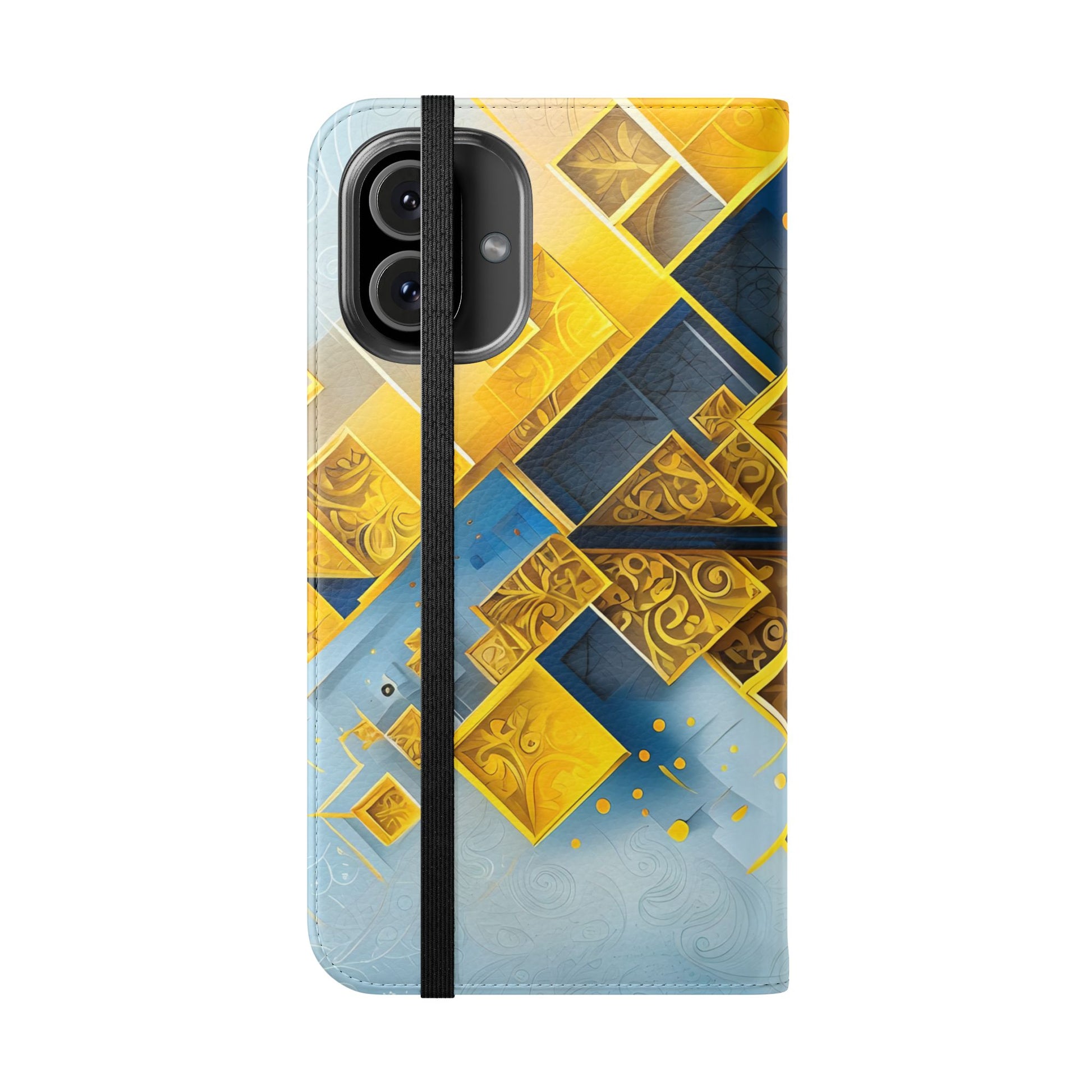Golden Ascent Wallet Phone Case - Abstract Yellow & Blue Flip Cover for iPhone 16 Plus