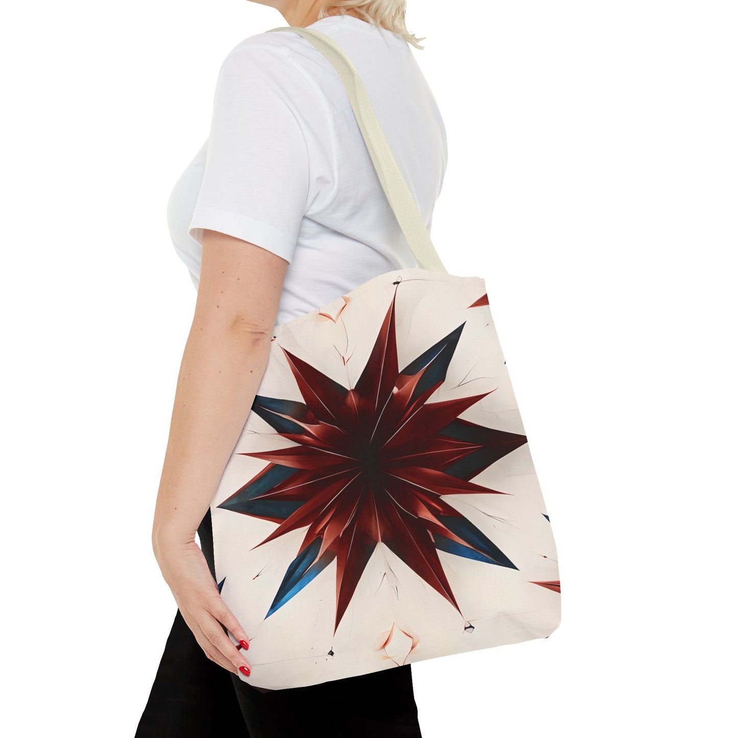 Garnet Starburst Tote Bag (16x16 & 18x18)- Bold Red Geometric Floral on Beige Canvas, Eco-Friendly & Durable