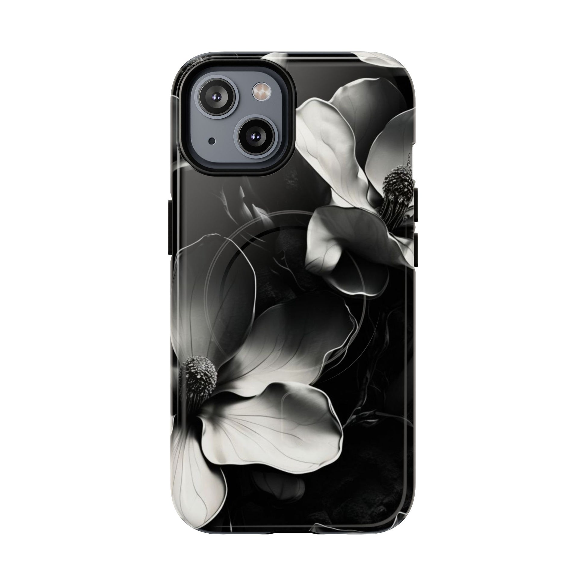 Monochrome Magnolia - Elegant Black & White Floral iPhone 14 MagSafe Phone Case - Artistic Magnolia Design