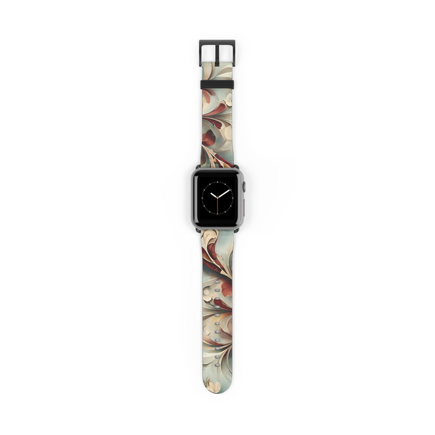 Vintage Baroque Blossom Apple Watch band with watch face featuring elegant baroque floral pattern in soft ivory, red, and muted gold tones