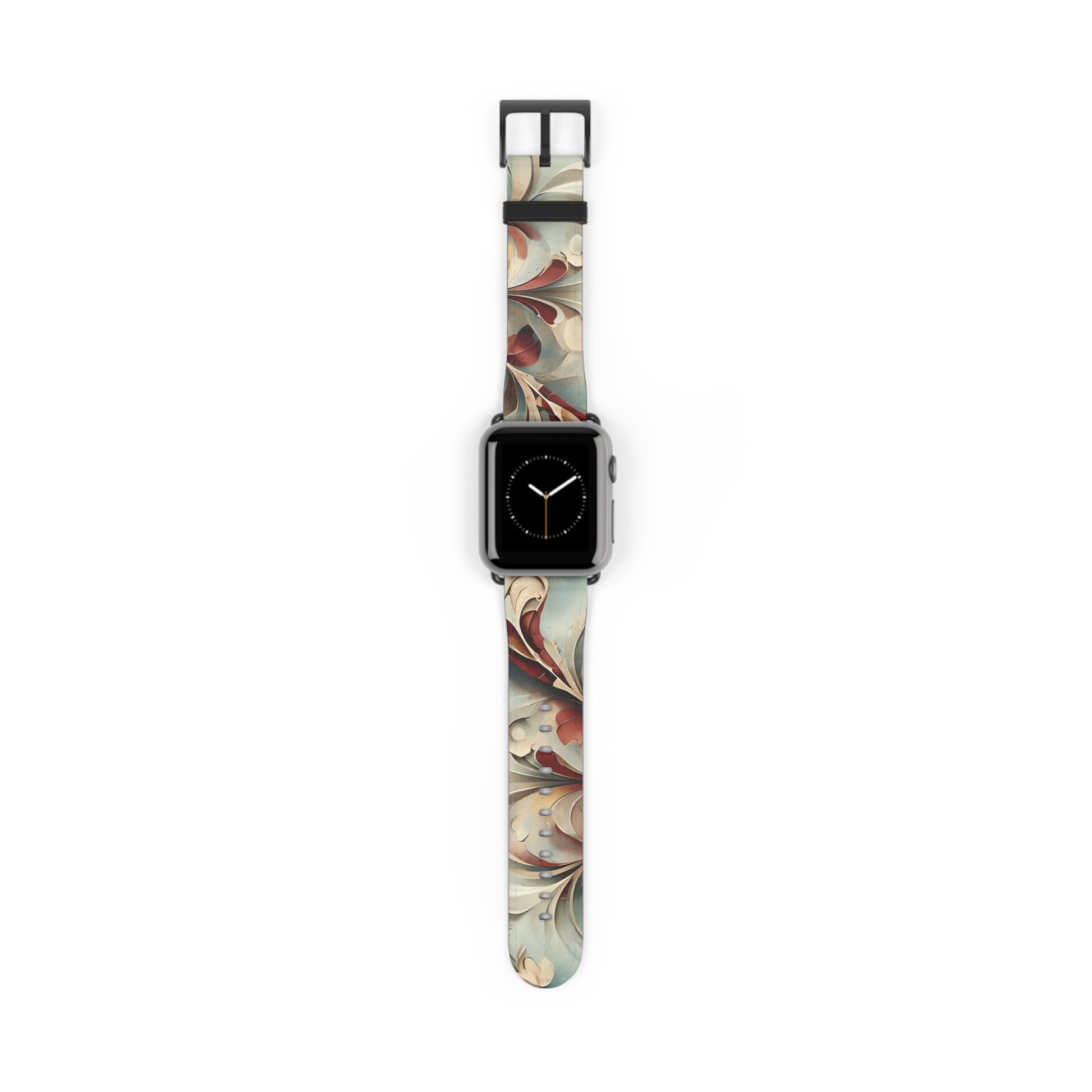 Vintage Baroque Blossom Apple Watch band with watch face featuring elegant baroque floral pattern in soft ivory, red, and muted gold tones