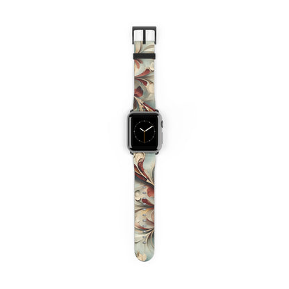 Vintage Baroque Blossom Apple Watch band with watch face featuring elegant baroque floral pattern in soft ivory, red, and muted gold tones