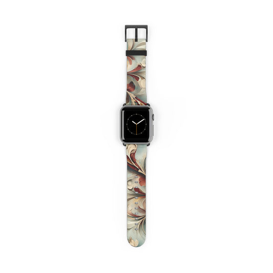Vintage Baroque Blossom Apple Watch band with watch face featuring elegant baroque floral pattern in soft ivory, red, and muted gold tones