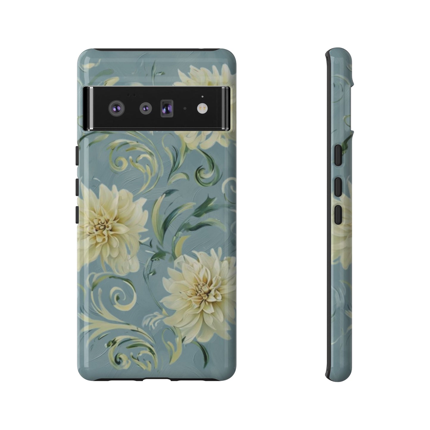 Golden Dahlia Trio - Elegant Floral Google Pixel Tough Phone Case - Artistic White & Blue Dahlia Design