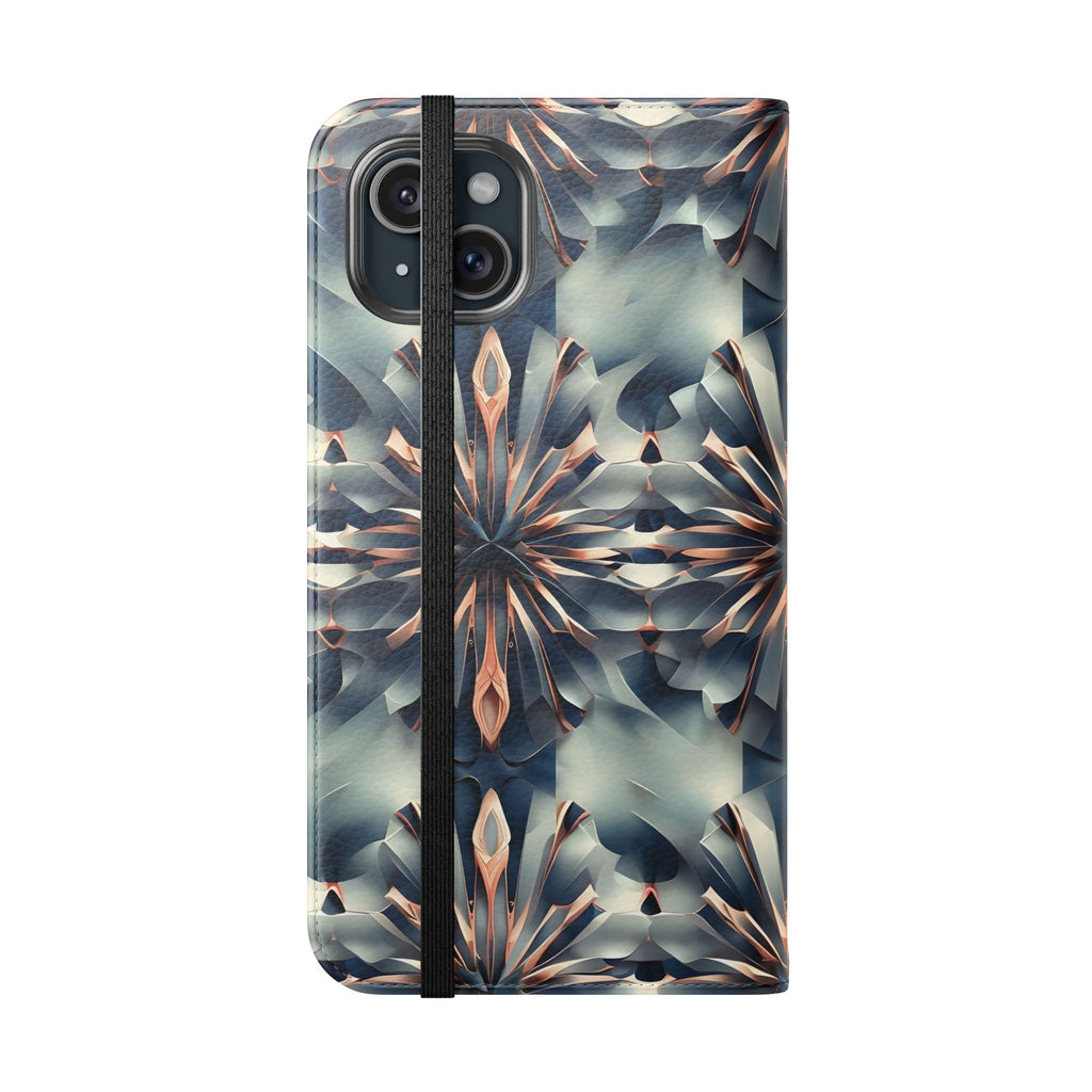 Obsidian Kaleidoscope iPhone 15 Plus Wallet Case - Elegant Abstract Flip Cover with Card Slots