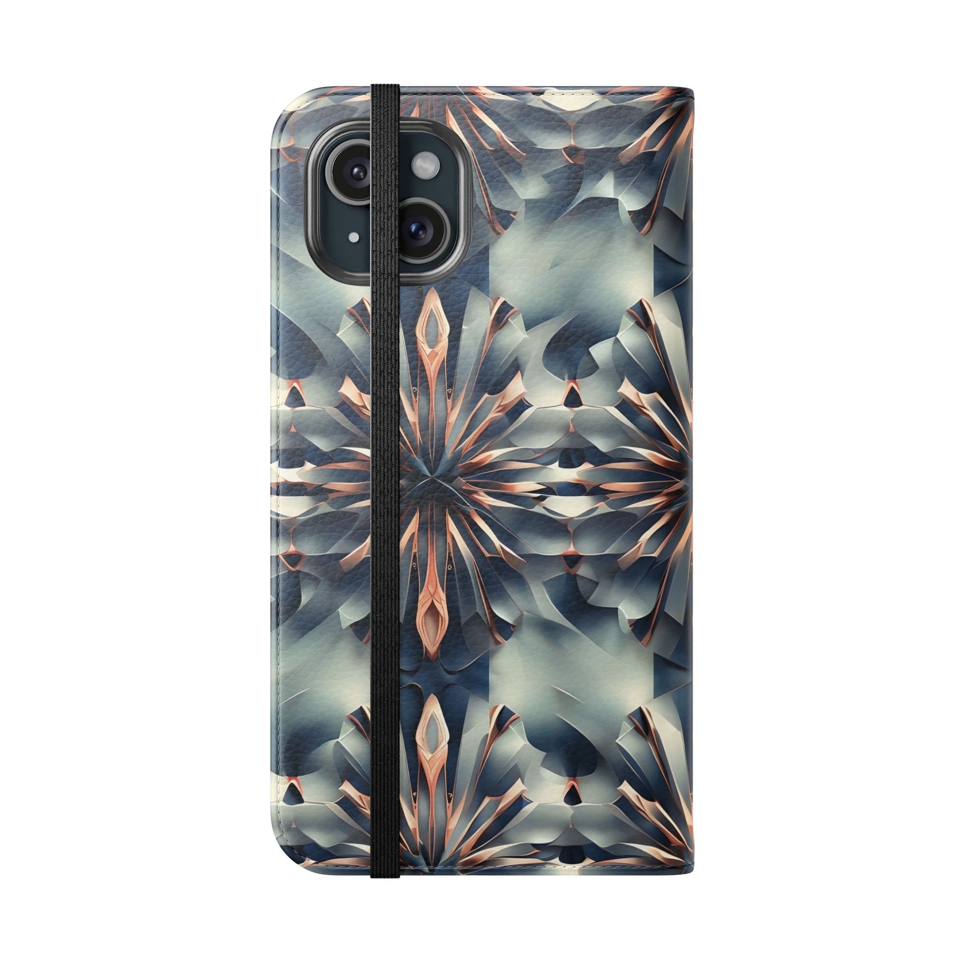 Obsidian Kaleidoscope iPhone 15 Plus Wallet Case - Elegant Abstract Flip Cover with Card Slots